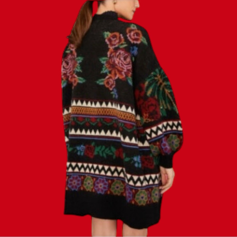 FARM Rio Black Floral Embroidered Chunky Cardigan with Red & Blue Roses - Picture 9 of 15